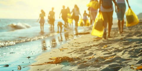 Group of eco-friendly people cleaning up the beach during a sunny day.