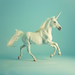 This stunning image captures a mythical white unicorn with a golden horn galloping gracefully against a solid blue backdrop, evoking fantasy and magic