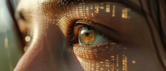 Macro shot of a woman's eye reflecting bright digital codes, concept of future technology.