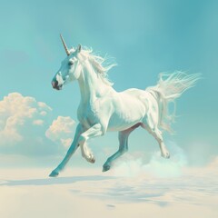 Obraz na płótnie Canvas This stunning image captures a mythical white unicorn with a golden horn galloping gracefully against a solid blue backdrop, evoking fantasy and magic