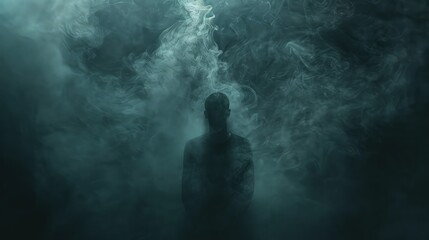  In a haze of smoke, the silhouette of a solitary figure looms, their presence shrouded in enigmatic shadows.  - obrazy, fototapety, plakaty