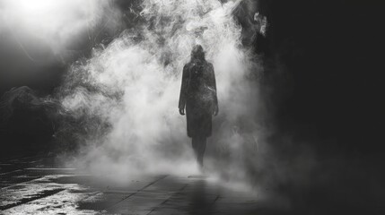 Amidst swirling tendrils of smoke, the silhouette of a lone figure emerges, their form defined by the ethereal haze. - obrazy, fototapety, plakaty