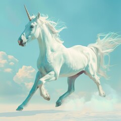 Obraz na płótnie Canvas This stunning image captures a mythical white unicorn with a golden horn galloping gracefully against a solid blue backdrop, evoking fantasy and magic