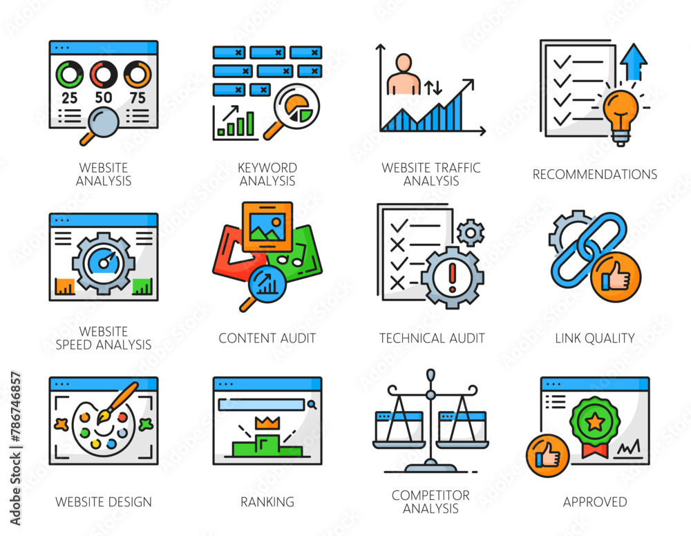 Poster web audit icons, website analysis, content ranking and digital traffic data research, line vector. t