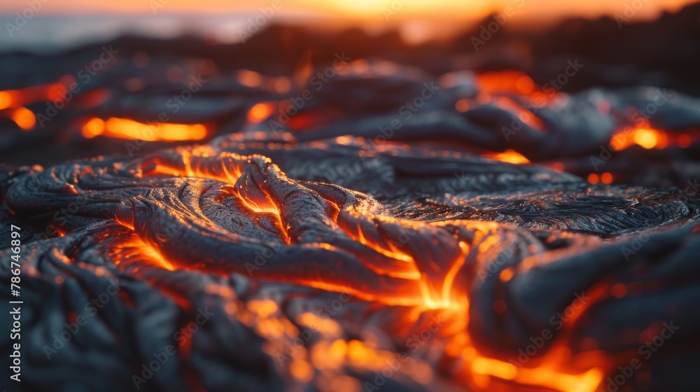 Poster glowing lava flows with intricate patterns in a night setting, radiating intense heat.