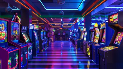 Artistic rendering of a virtual reality arcade that blends futuristic technology with classic arcade machines from the 90s.
