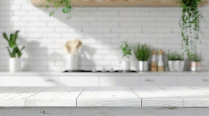 Clean white kitchen interior with a wooden countertop and green plants in the blurred background. - obrazy, fototapety, plakaty