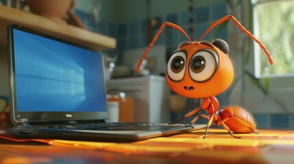 A cute ant with big, expressive eyes sits in front of a laptop, its tiny body poised in concentration as it interacts with the screen. 