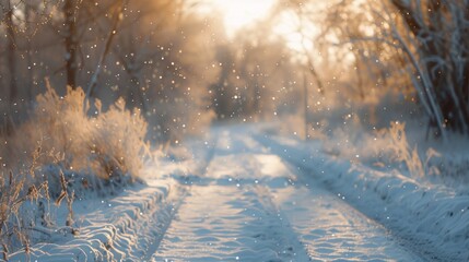 A serene winter scene capturing a snow-covered path with glistening snowflakes in a golden morning...