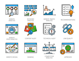 Web audit icons, website analysis, content ranking and digital traffic data research, line vector. Technical web audit icons of website link quality, keyword analytics and content or SEO report charts