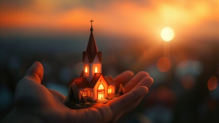 A close-up shot of a hand gently cradling a small church model with a vivid sunset background.