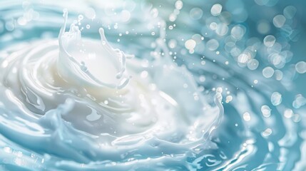 A high-speed macro shot capturing the dynamic splash of fresh milk, with droplets suspended in air.