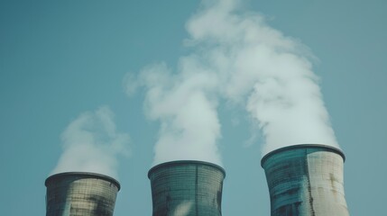 Concrete cooling towers at a power plant exhaust steam into a clear blue sky, symbolizing energy production.