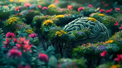 Artistic representation of a human brain as a labyrinthine garden filled with psychedelic flowers and vibrant colors.