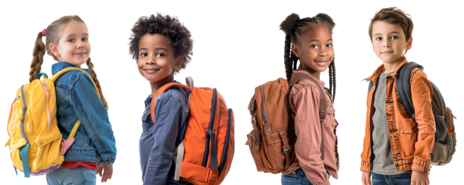 Set of Caucasian and African American children posing with school bay over white transparent background