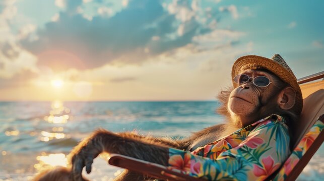 Cute monkey Sunbathing on the beach in a Hawaiian shirt and hat. Summer creative koncept
