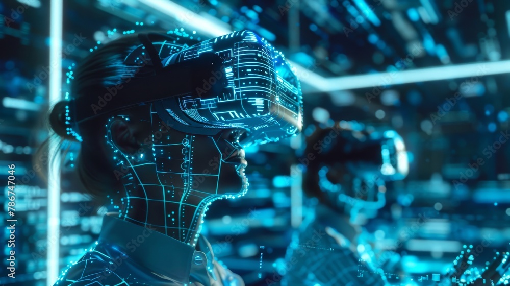 Poster cloud engineers collaborating in a virtual reality space, configuring cloud infrastructure, in the s