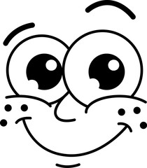 Cartoon funny comic groovie face or big eyes emoji, vector retro emoticon character. Groovy smile face with happy or positive expression emotion, cheerful brow up and freckles on cheeks in doodle line