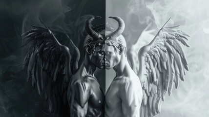 Obraz na płótnie Canvas Angel and devil facing each other n monochromatic style with contrasting backgrounds