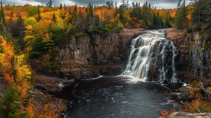 A majestic waterfall cascades down rugged cliffs in the heart of autumn mountains. Surrounding the...