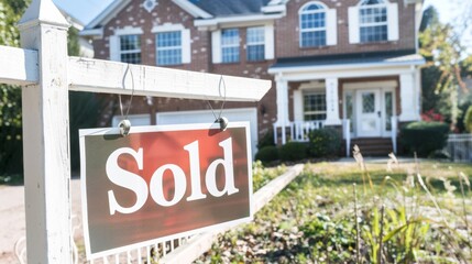 The "Sold" sign displayed prominently in front of a suburban brick house, symbolizing successful real estate transaction.