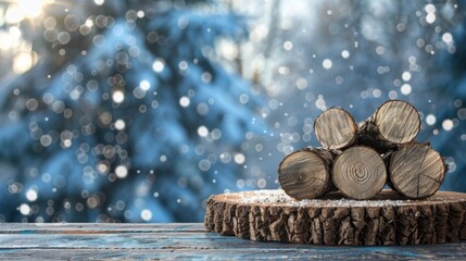 Cut logs dusted with snowflakes against a blurred winter forest background.
