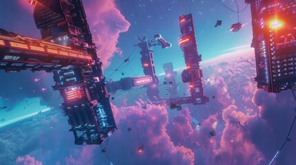 Cloud engineers floating in a zero-gravity space station managing orbital data servers, in a breathtaking space adventure style.