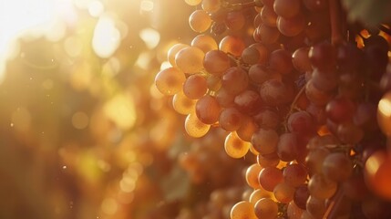 Ripe grapes basking in the golden sunlight at a tranquil vineyard during sunset. - obrazy, fototapety, plakaty