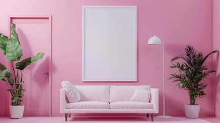 A modern pink living room adorned with a sleek white couch positioned elegantly in the center. Above the couch hangs a pristine white poster frame on the wall.