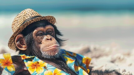 Cute monkey Sunbathing on the beach in a Hawaiian shirt and hat. Summer creative koncept - obrazy, fototapety, plakaty