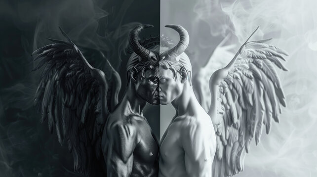Angel and devil facing each other n monochromatic style with contrasting backgrounds