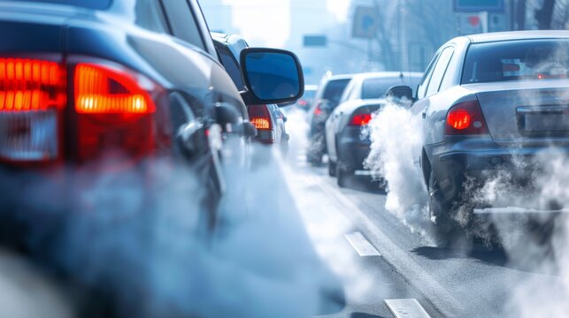 Busy urban road with cars emitting polluting exhaust gases, showcasing environmental and health concerns.
