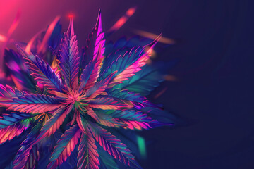 Cannabis plant top view seen under blue and purple neon light with copy space