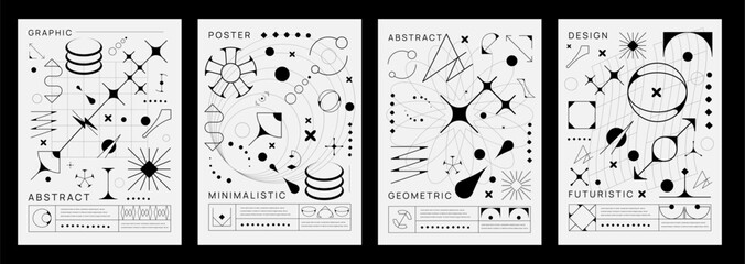 Monochrome retro Y2K brutal posters with geometric shapes, vector cover template backgrounds. Y2K modern or retro brutal graphic elements and geometric figures of star, space ellipse and line circles