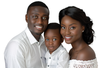 Nigerian happy family of three wearing white clothes over isolated transparent background