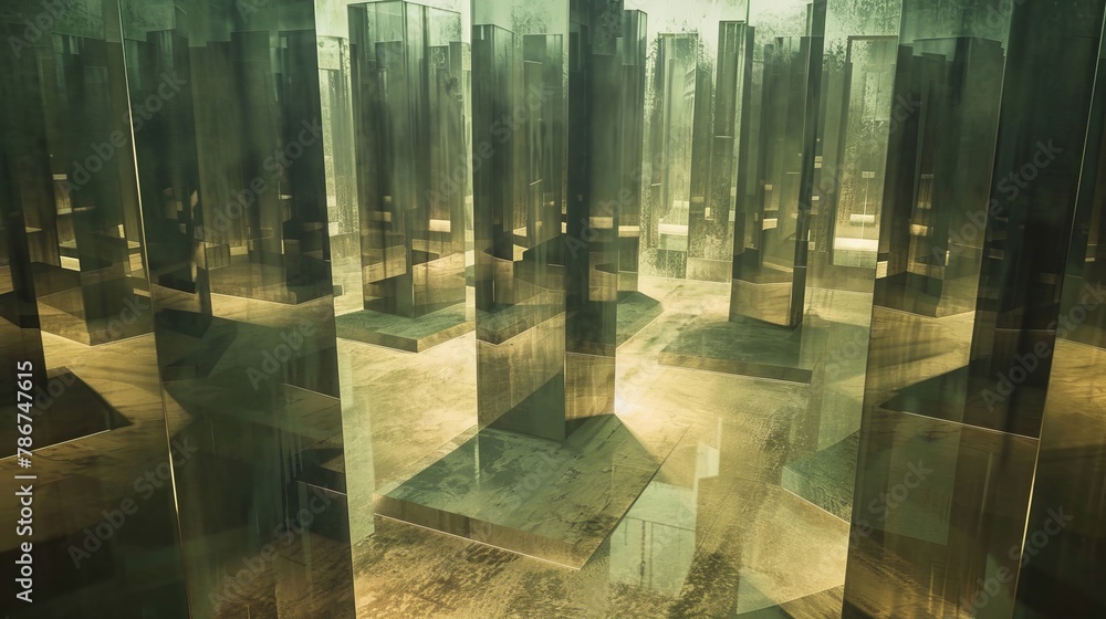 Poster conceptualize a walk-through maze made of mirrors that changes layout based on the choices participa