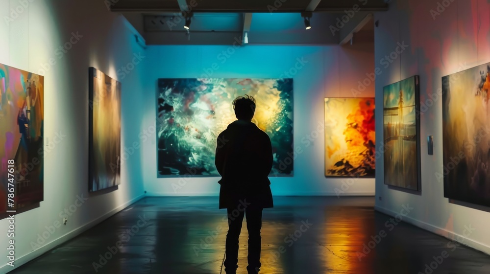 Poster conceptualize an art gallery where the paintings' backgrounds change based on the mood detected in t