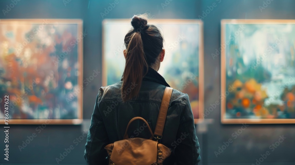 Poster conceptualize an art gallery where the paintings' backgrounds change based on the mood detected in t