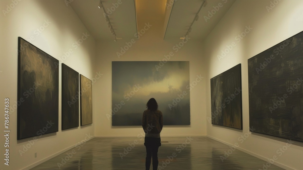 Poster conceptualize an art gallery where the paintings' backgrounds change based on the mood detected in t