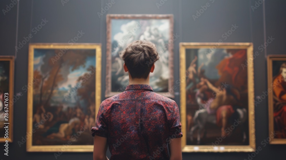 Poster conceptualize an art gallery where the paintings' backgrounds change based on the mood detected in t