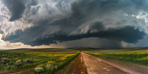 Rainfall in the distance on the prairies under ominous storm clouds, Storm clouds over golden field, ripened crops

