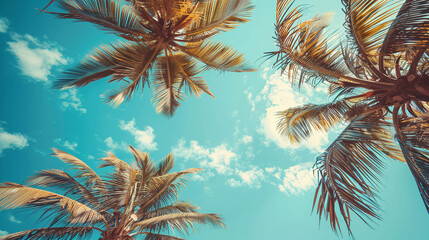 Retro summer scene with lush palm trees and a clear blue sky, perfect for lifestyle, travel, and...