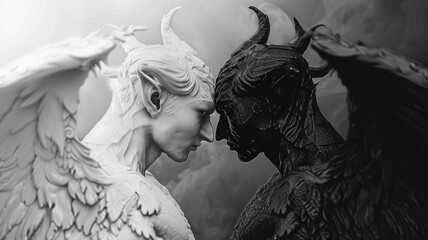 Angel and demon in a mythical embrace, the struggle of good versus evil concept