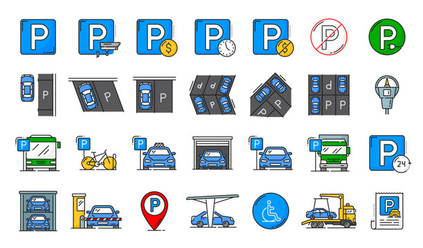 Automatic garage service and parking line icons. Automobile garage service line icon, car park area or transport public parking zone outline vector symbol with taxi, bicycle and truck, towing signs