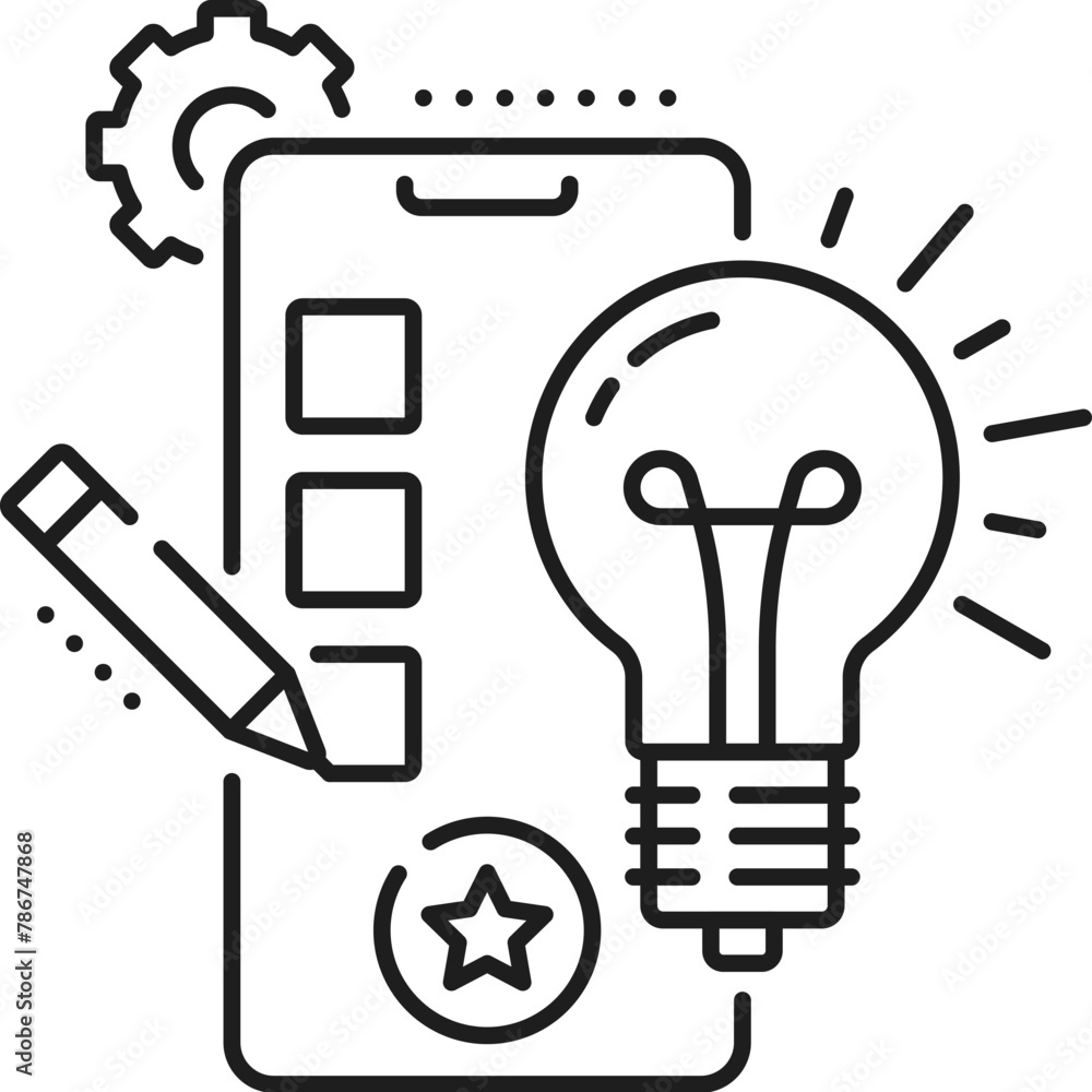 Poster App idea, web app develop and optimization icon. Isolated vector linear sign of glowing light bulb, pencil and mobile phone screen, symbolizing efficiency in application development and optimization