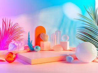 Platform and podium rose gold beach pink water blue pastel display advertisement cute sweet background baby concept. Showcase place fashion cosmetic and beauty products or dessert. 3D Illustration.