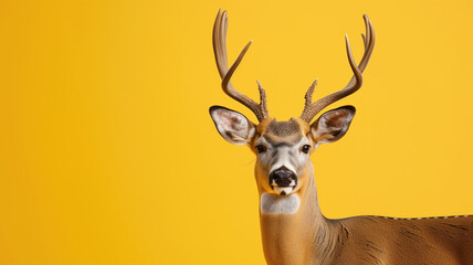 Stately deer with majestic antlers against a striking yellow background, advertising photo