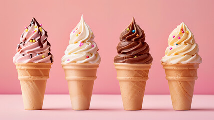 Row of soft serve ice cream cones, each with different flavors and sprinkles over pink background