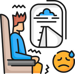Human phobia, aerophobia psychology anxiety, mental problem line color icon. People psychology, mental disorder or phobia fear problem thin line vector symbol with man scared of airplane flights