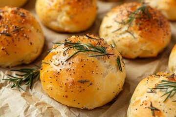 closeup of freshly baked rosemary bread rolls on parchment paper homemade baking photography - Powered by Adobe